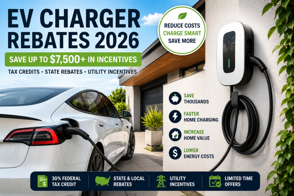 EV charger installed on a modern home garage wall with an electric vehicle charging outside, promoting 2026 EV charger rebates, federal tax credits, state incentives, and home energy savings.