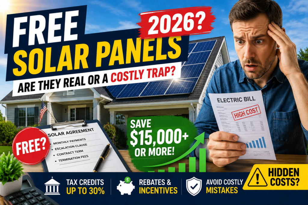 Free solar panels 2026 program explained showing residential solar installation, homeowner savings, solar lease contracts, and federal solar incentives.