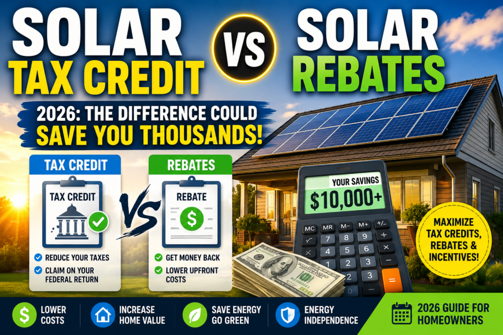 Solar tax credit vs solar rebates 2026 comparison showing homeowner solar savings, federal tax credits, rebates, and incentives