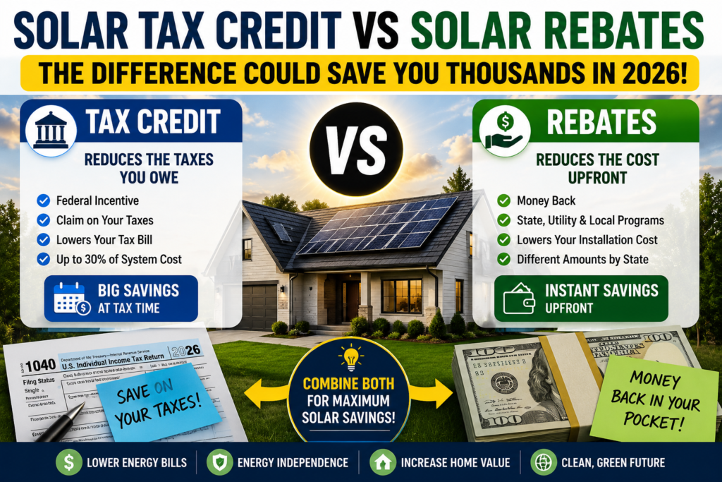 Solar tax credit vs solar rebates 2026 comparison showing how homeowners can save money with federal incentives and solar programs