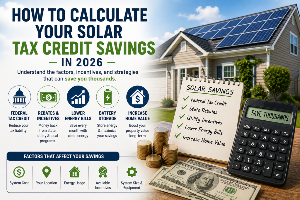 Solar tax credit calculator 2026 showing federal solar incentives, rebates, energy savings, and factors that affect solar savings