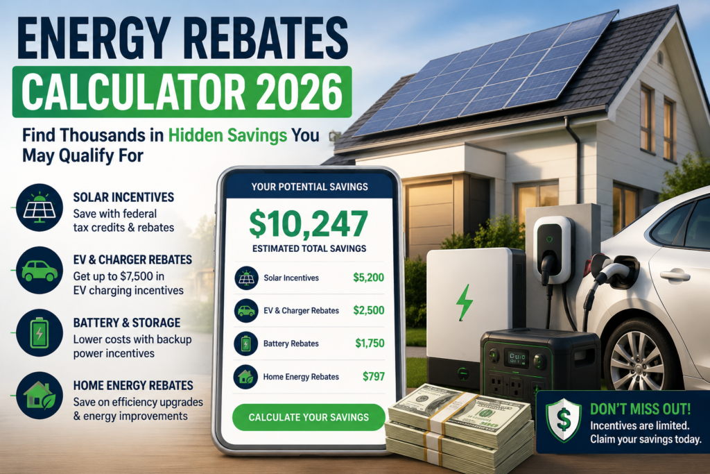 Solar Tax Credit Calculator 2026 showing federal solar savings estimate and renewable energy incentives Image Title: