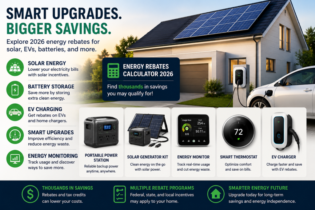 Energy rebates calculator 2026 showing solar panels, battery storage, EV charger and smart home energy upgrades