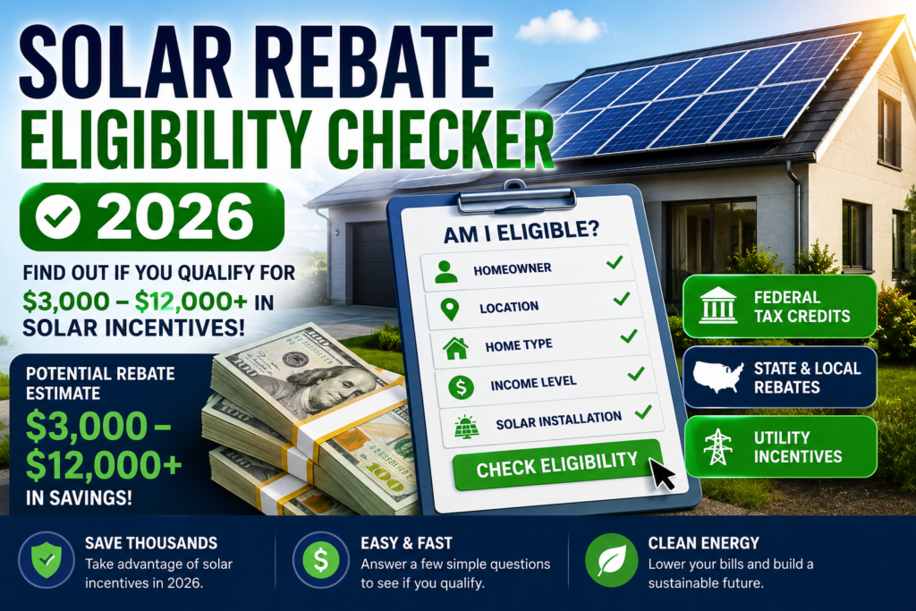 "Solar rebate eligibility checker 2026 dashboard showing potential savings, federal tax credit estimate and solar incentives calculator interface"