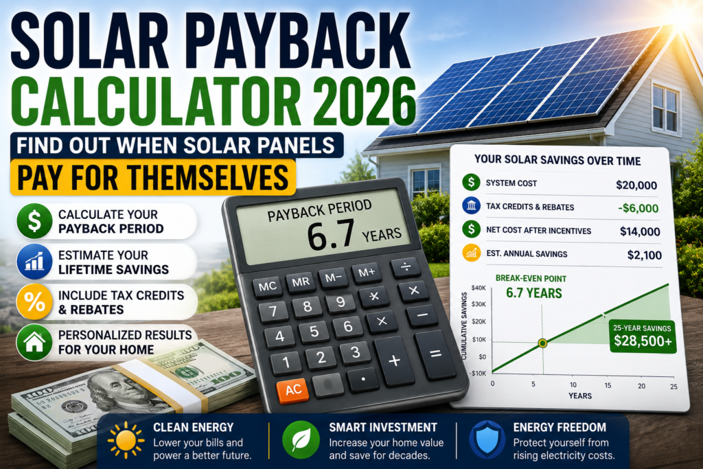 Solar Payback Calculator 2026 showing estimated solar panel savings, tax credits, and break-even period with calculator and home solar installation visualization