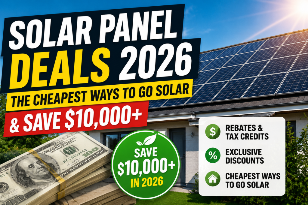 Solar panel deals 2026 showing affordable ways to install solar panels and save $10,000 with rebates and tax credits