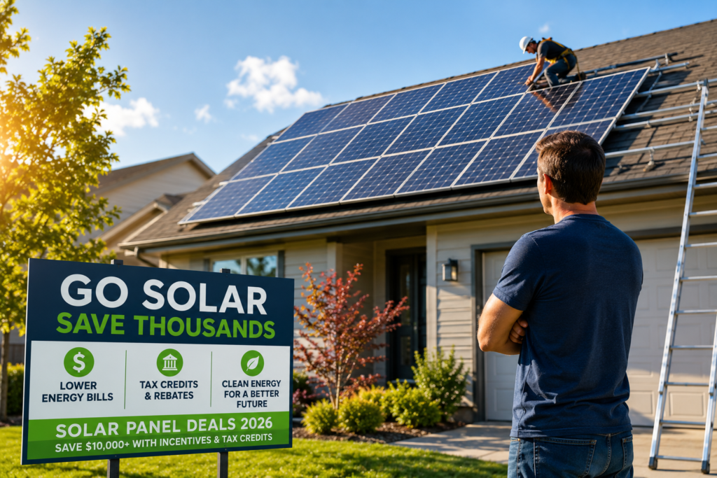 Homeowner installing solar panels on a house roof to save money with solar energy deals and incentives in 2026