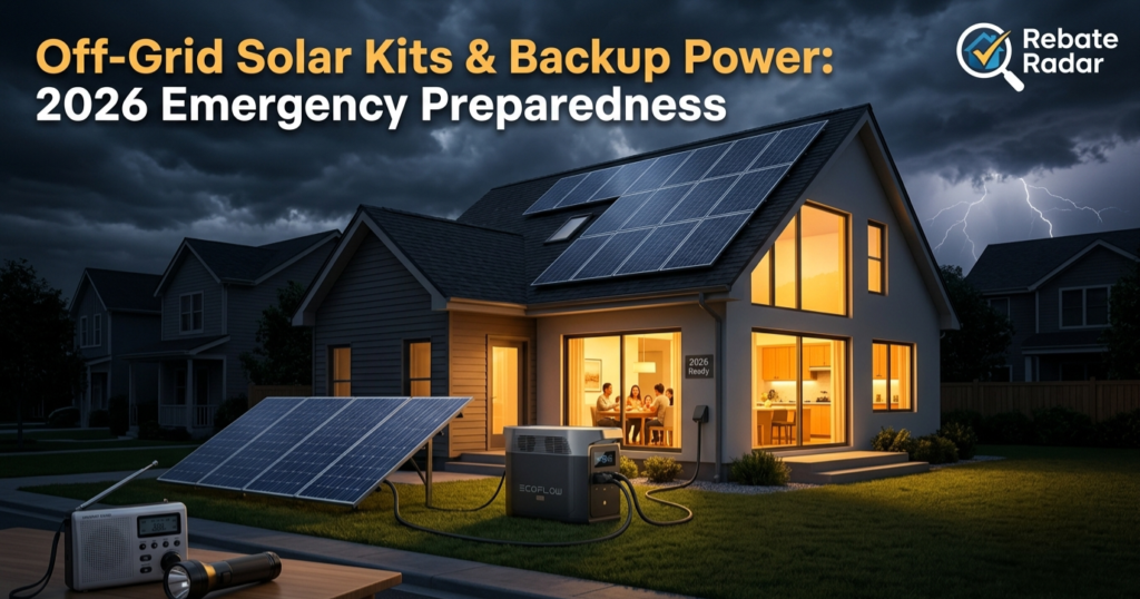 Best off-grid solar kits and home backup battery power system supplying electricity during a 2026 blackout storm emergency.