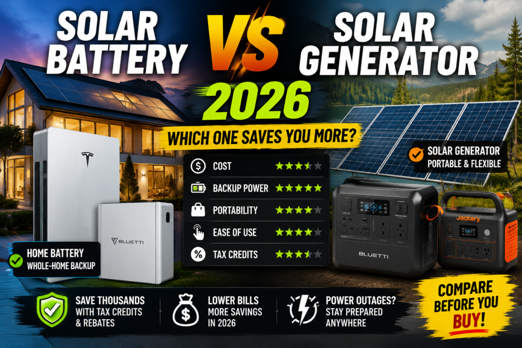 Solar battery vs solar generator comparison 2026 showing home backup power options, solar panels, battery storage system, and portable solar generator with cost savings and tax credit benefits.
