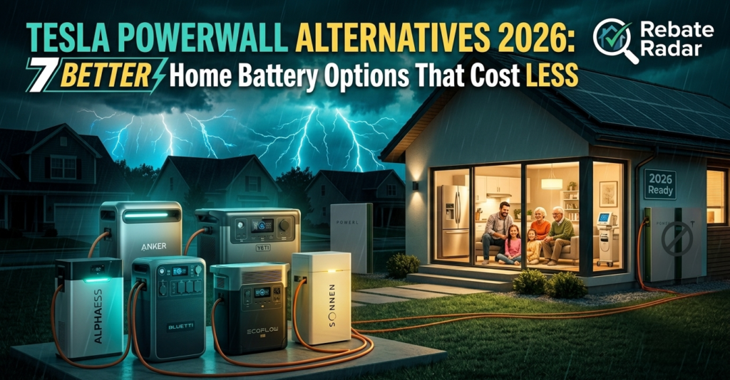 Tesla Powerwall alternatives 2026 comparison showing modern home battery backup systems with solar panels, energy storage, and cost savings options