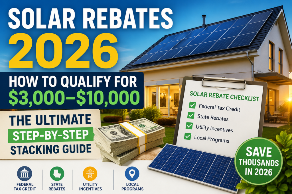 Solar Rebates 2026 guide showing a home with rooftop solar panels, federal tax credits, state rebates, utility incentives, and a step-by-step guide to save $3,000–$10,000.