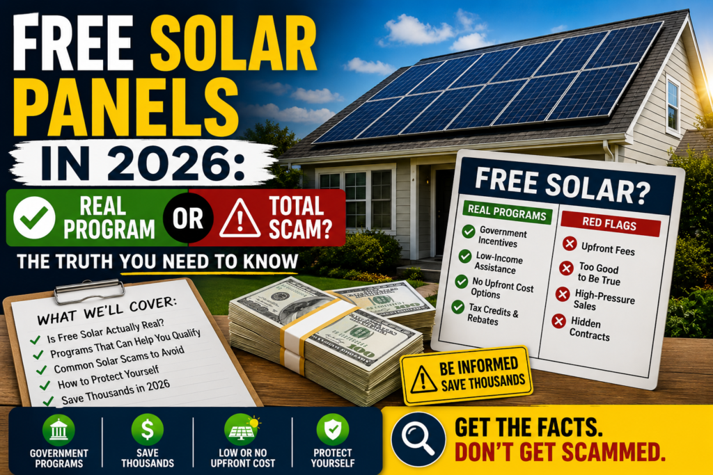 Free Solar Panels in 2026: homeowner comparing legitimate solar incentive programs with common solar scams before installing rooftop solar panels.