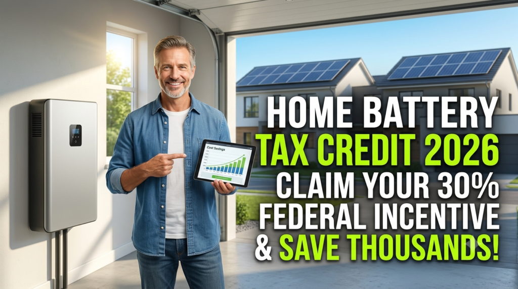 A modern home garage with a wall-mounted smart battery storage system and solar panels on the roof, featuring text about claiming the 30% federal tax credit in 2026.