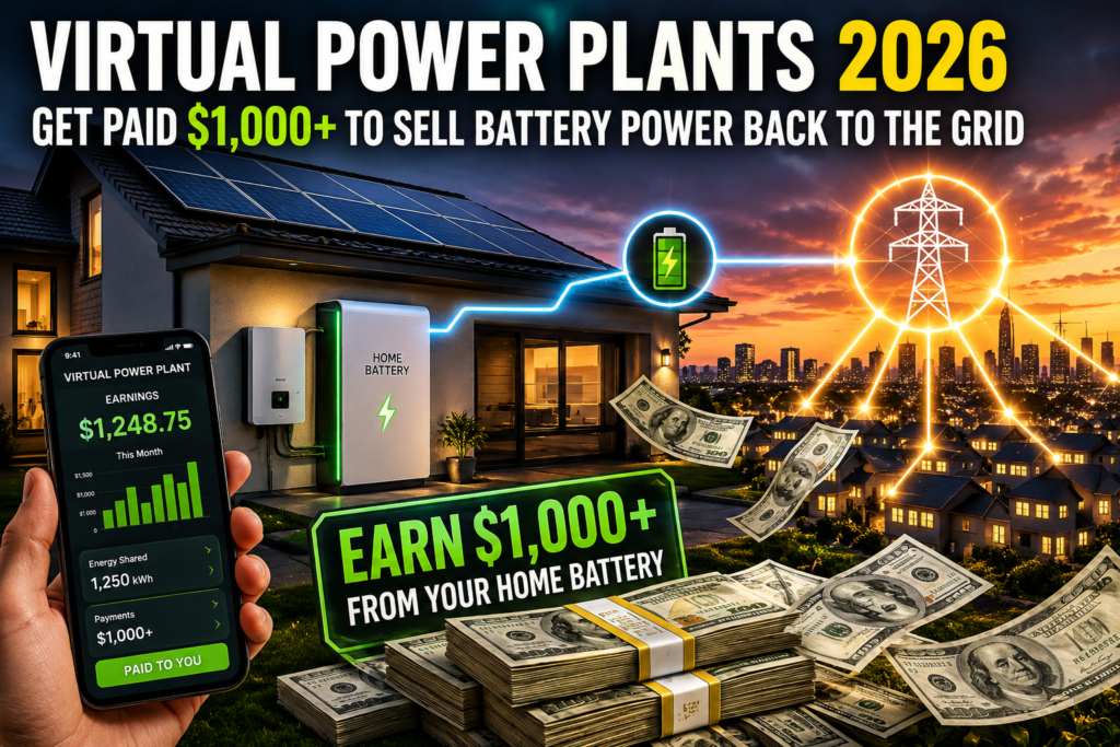 Virtual Power Plants 2026 illustration showing a home solar battery connected to the power grid while the homeowner earns money by selling stored electricity back to the utility.