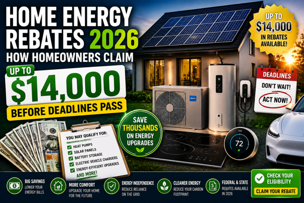 Home Energy Rebates 2026 guide showing solar panels, heat pump, battery storage, EV charger, and homeowners claiming up to $14,000 in energy rebates before application deadlines.