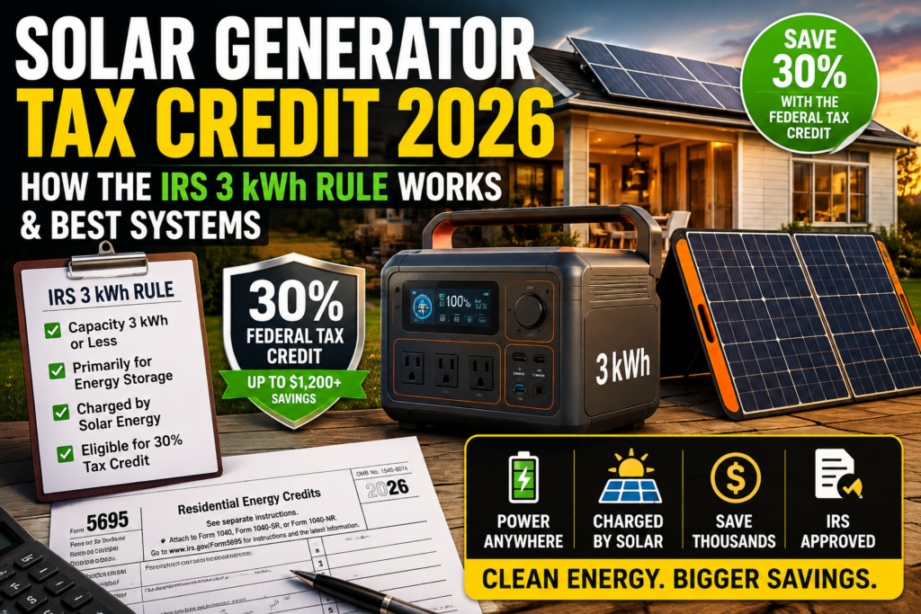 Solar Generator Tax Credit 2026 featured image showing a portable 3 kWh solar generator, rooftop solar panels, federal tax credit concept, IRS energy storage eligibility, and residential clean energy savings.