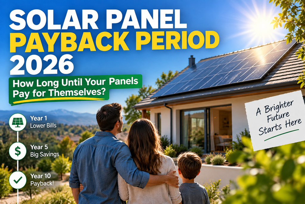 Solar panel payback period 2026 showing a home with rooftop solar panels, energy savings, and the timeline to recover the investment