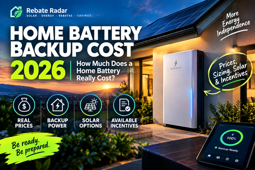 Home battery backup cost 2026 showing a solar-powered home, residential battery storage system, backup power and energy savings