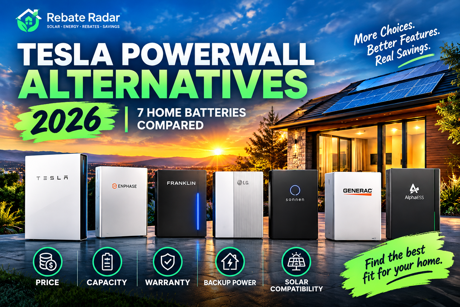 7 Best Tesla Powerwall Alternatives for 2026 (Compared by Cost & Performance) 1 Tesla Powerwall alternatives 2026 showing seven home battery systems compared for backup power and solar compatibility