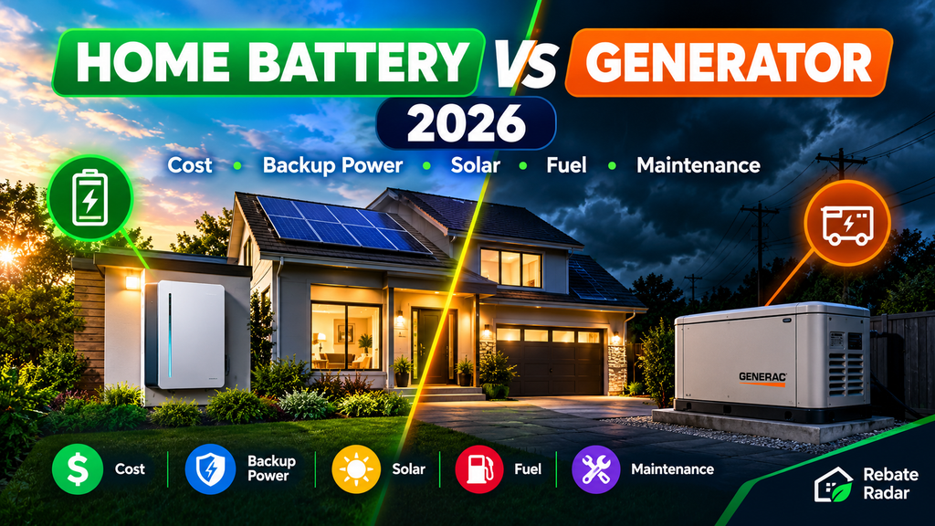 Home Battery vs Generator 2026: Which Backup System Is Right for Your Home? 1 Home battery vs generator 2026 comparison showing a solar-powered home with battery backup and a standby generator
