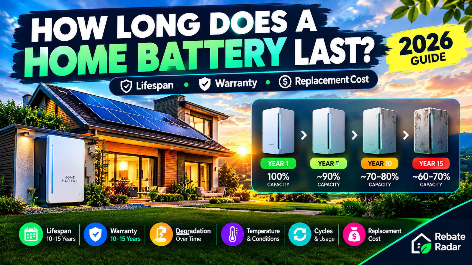 How Long Does a Home Battery Last in 2026? Lifespan, Warranty & Replacement Cost 1 How long does a home battery last in 2026 showing a solar-powered home, battery lifespan, degradation, warranty and replacement cost