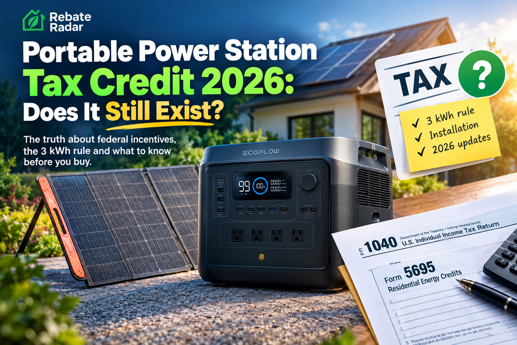 Portable Power Station Tax Credit 2026: IRS 3 kWh Rules & Qualifying Brands 1 Portable power station tax credit 2026 showing a solar-powered home, portable battery, 3 kWh rule and federal tax credit information