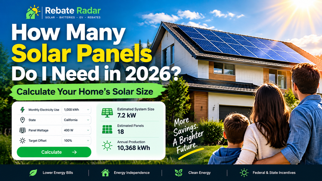 How many solar panels do I need in 2026 showing a solar-powered home and solar panel size calculator