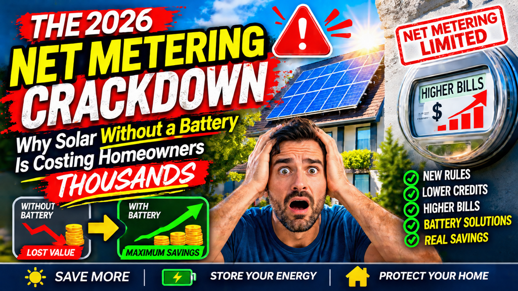 The 2026 Net Metering Crackdown: Why Solar Without a Battery Is Costing Homeowners Thousands 1 2026 net metering changes showing solar panels, higher utility bills, and battery storage