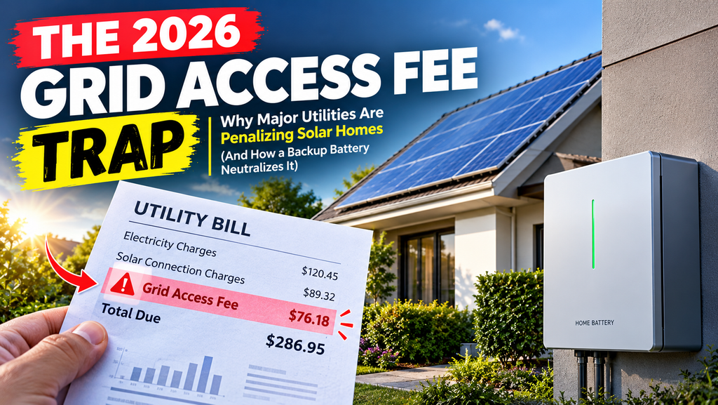 The 2026 "Grid Access Fee" Trap: Why Major Utilities Are Penalizing Solar Homes (And How a Backup Battery Neutralizes It) 1 Solar grid access fee 2026 shown on a utility bill with rooftop solar panels and a home battery
