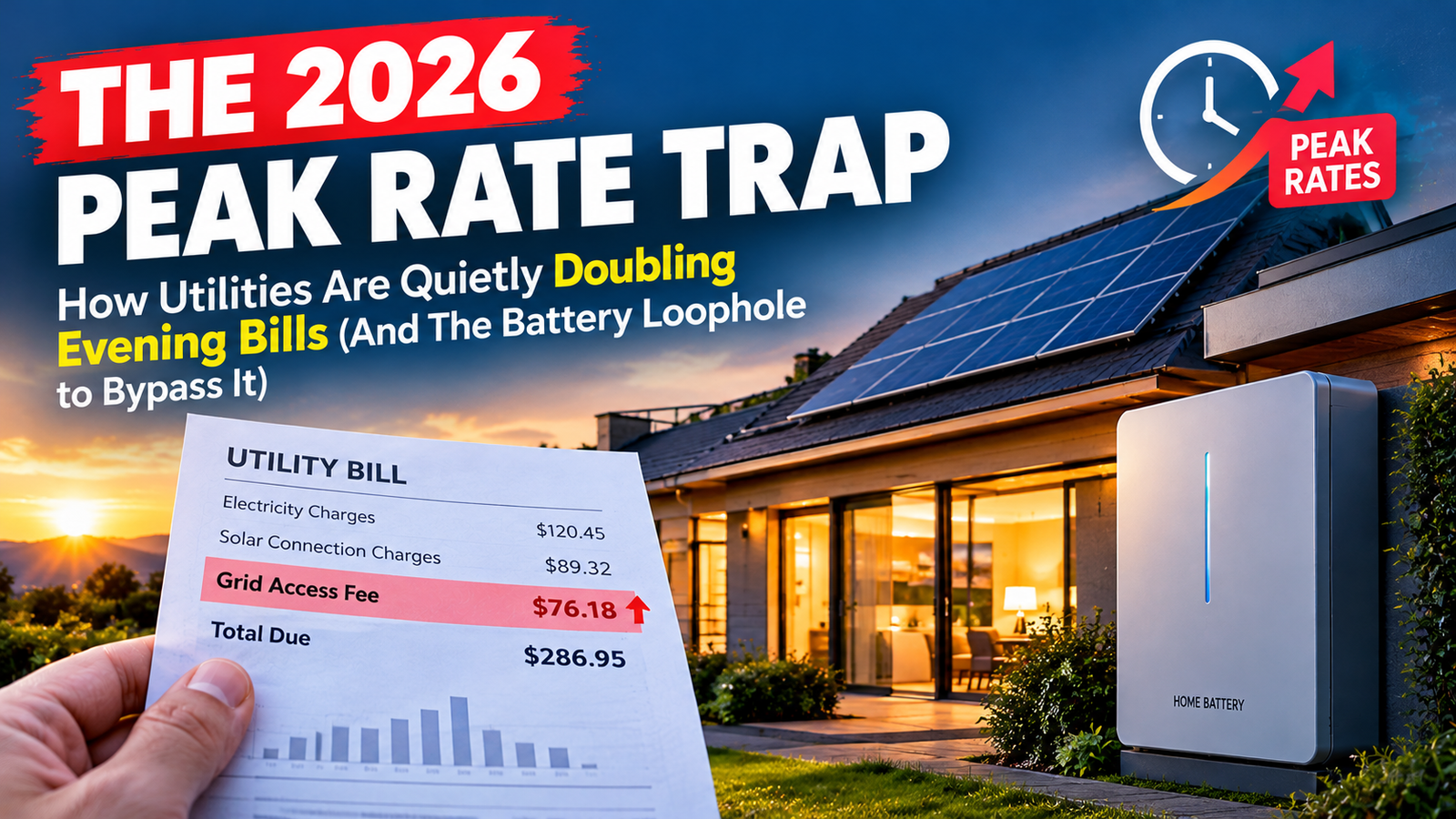 Modern home with rooftop solar panels and a home battery illustrating peak electricity rates and rising evening utility bills in 2026.