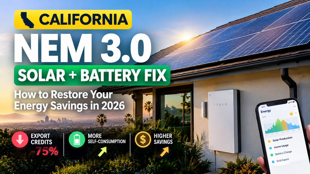 California home with rooftop solar panels and a home battery illustrating solar energy storage strategies under NEM 3.0 in 2026