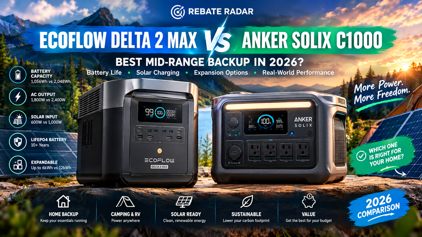 EcoFlow DELTA 2 Max vs Anker SOLIX C1000 portable power stations compared for home backup and solar charging in 2026.