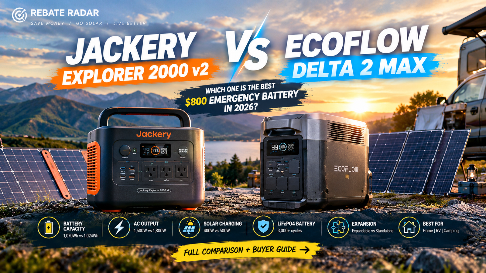​Jackery Explorer vs EcoFlow DELTA 2 portable power stations comparison with solar panels outdoors at sunset