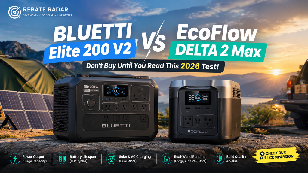 BLUETTI Elite 200 V2 vs EcoFlow DELTA 2 Max portable power stations compared for home backup, solar charging, and emergency power.