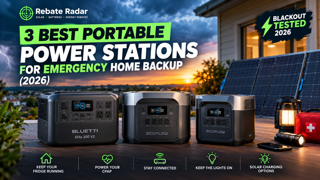 3 Best Portable Power Stations for Emergency Home Backup (2026 Blackout Tested) 1 Three portable power stations from BLUETTI and EcoFlow for emergency home backup, with solar panels and essential blackout supplies.