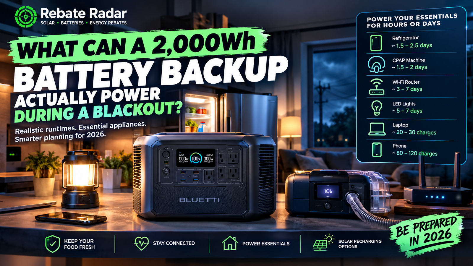 Portable power station providing backup electricity during a blackout, with a refrigerator, CPAP machine, Wi-Fi router and essential devices.
