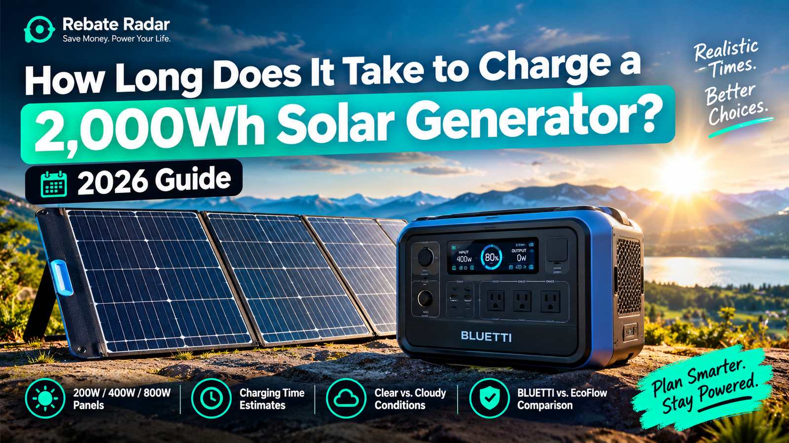 How Long Does It Take to Charge a 2,000Wh Solar Generator? (2026 Guide) 1 2,000Wh solar generator charging with portable solar panels in bright sunlight