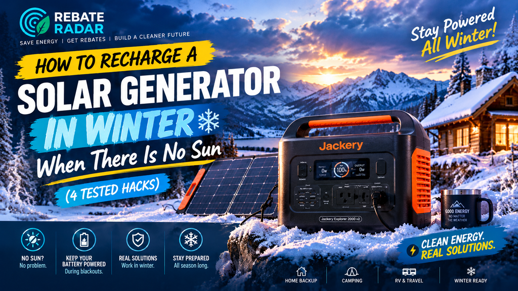 How to Recharge a Solar Generator in Winter When There Is No Sun (4 Tested Hacks) 1 Portable solar generator and solar panels in a snowy winter landscape during a power outage