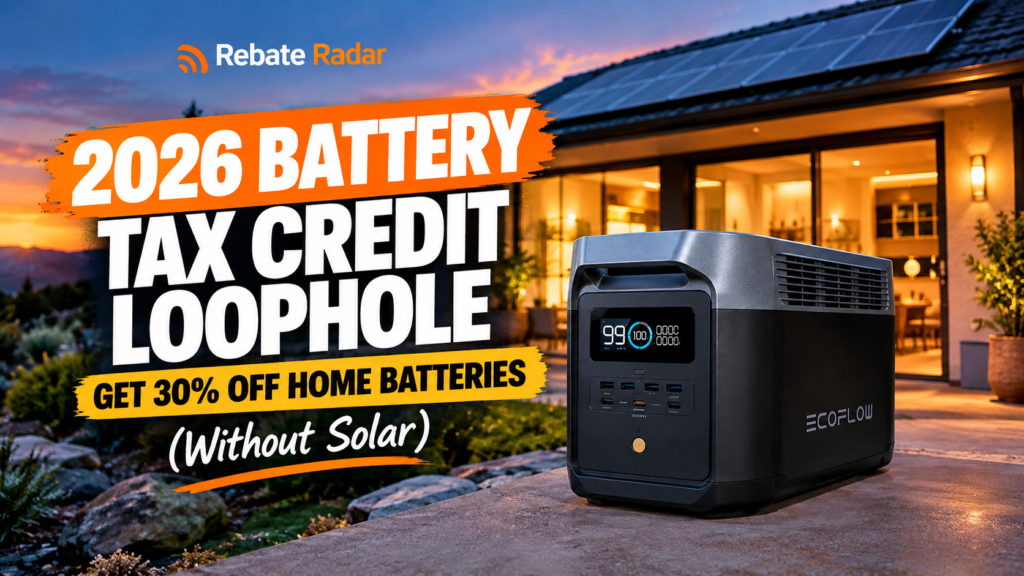 2026 Battery Tax Credit Loophole: How to Get 30% Off Home Batteries (Without Solar) 1 2026 battery tax credit loophole guide featuring a home battery backup power station beside a modern house with rooftop solar panels