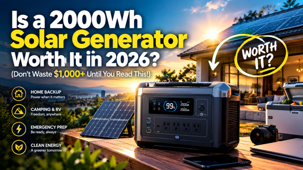 A 2000Wh portable solar generator with solar panels powering devices beside a modern home at sunset, illustrating whether a solar generator is worth the cost in 2026.